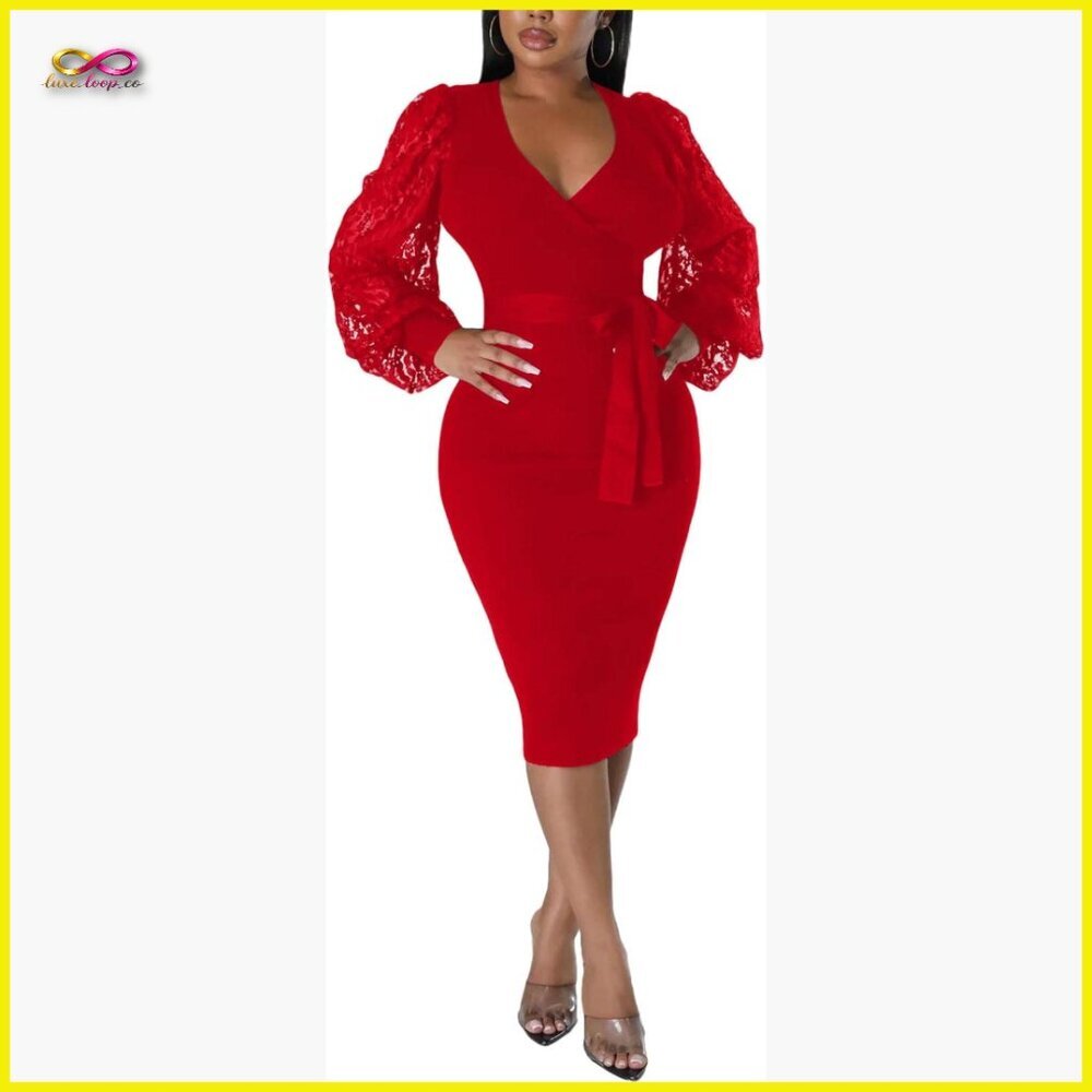 Bishop Sleeve V-Neck Bodycon Midi Dress Elegant Work Church Cocktail